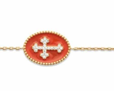 Bracelet médaillon émaillé orange croix zirconium plaqué or
