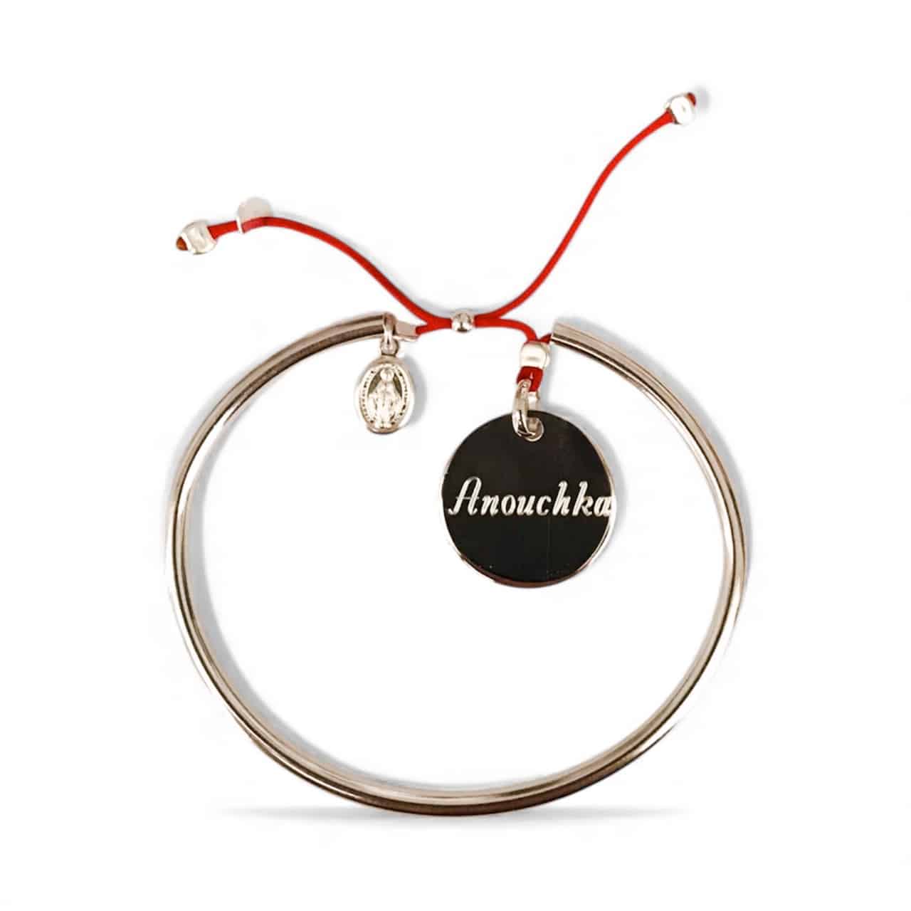 Jonc en argent massif avec médaille gravée et médaille miraculeuse en argent