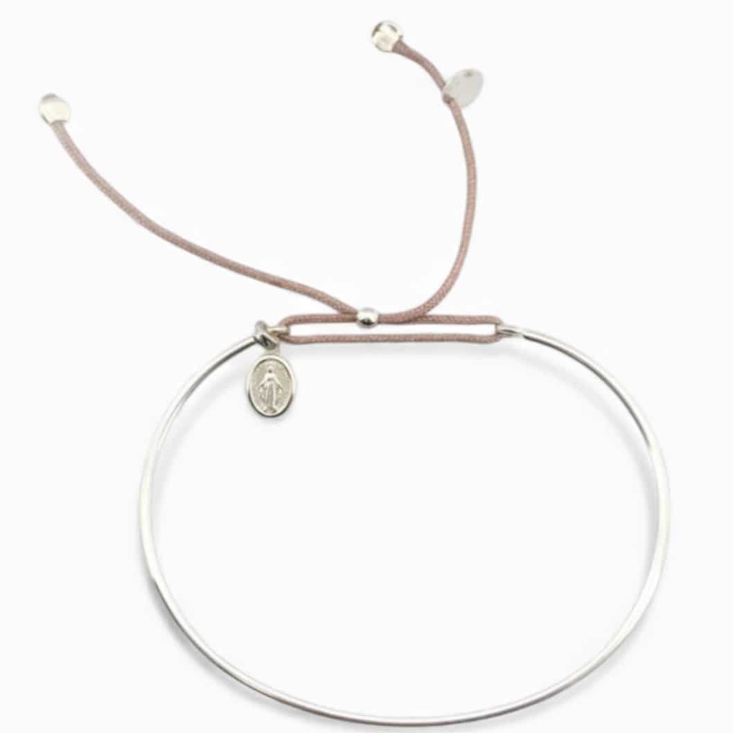 Jonc fin en argent massif, médaille miraculeuse et lien coulissant