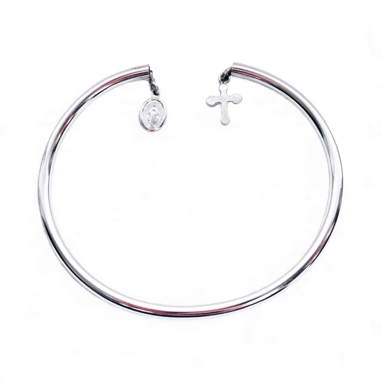 Jonc creux en argent avec médaille miraculeuse et croix