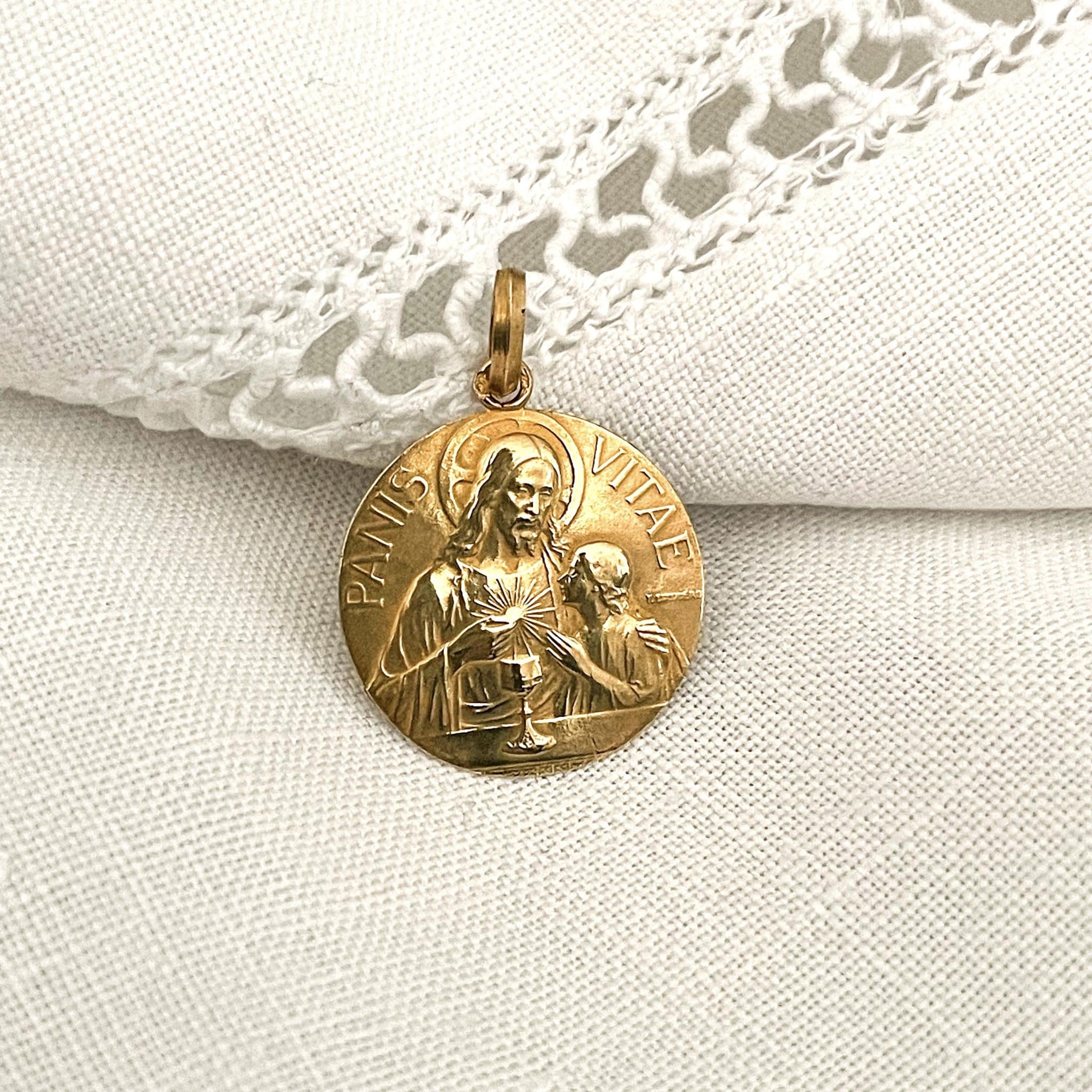 Médaille ancienne en or du Christ et de Saint Jean